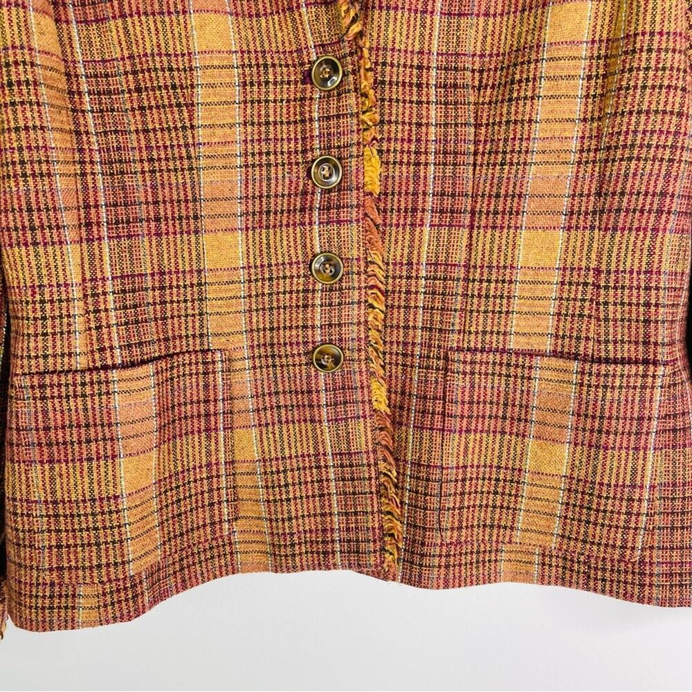 Vintage tan burgundy plaid wool preppy fringe office academia button blazer 14 - Picture 3 of 6